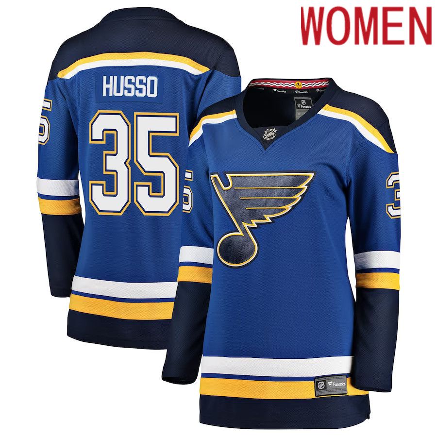 Women St. Louis Blues #35 Ville Husso Fanatics Branded Blue Breakaway Player NHL Jersey